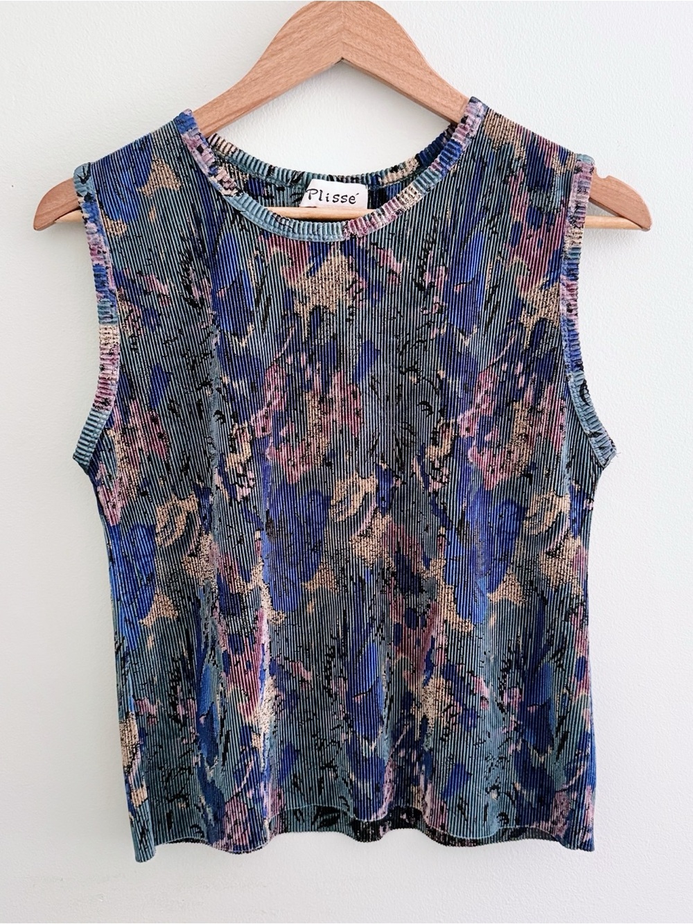 Plissé Vintage Floral Muted Ribbed Accordion Pleat Sleeveless Top Medium - Picture 2 of 4